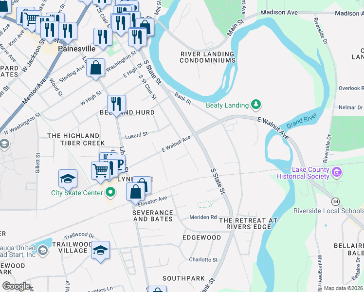 map of restaurants, bars, coffee shops, grocery stores, and more near 180 East Walnut Avenue in Painesville