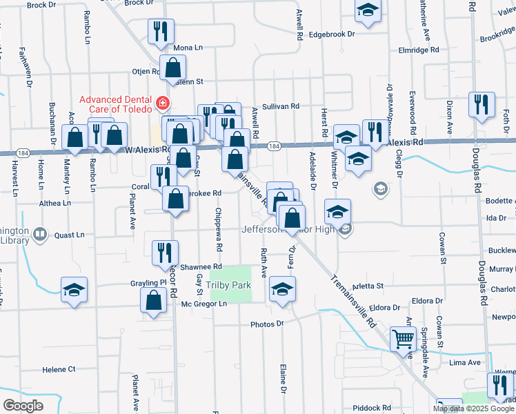 map of restaurants, bars, coffee shops, grocery stores, and more near 3073 Tremainsville Road in Toledo