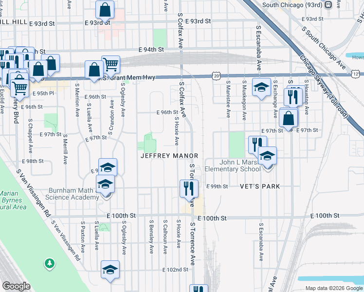 map of restaurants, bars, coffee shops, grocery stores, and more near 9735 South Hoxie Avenue in Chicago