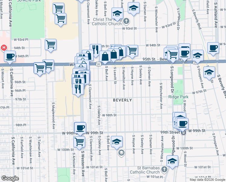map of restaurants, bars, coffee shops, grocery stores, and more near 9637 South Bell Avenue in Chicago