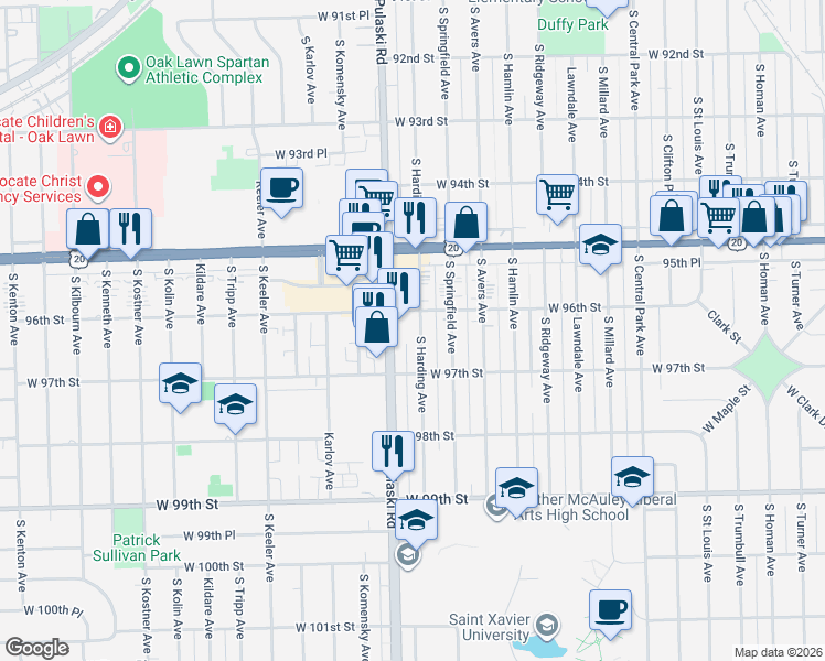 map of restaurants, bars, coffee shops, grocery stores, and more near 9627 South Harding Avenue in Evergreen Park