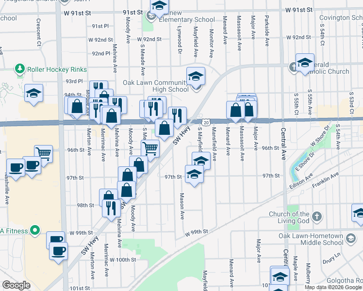 map of restaurants, bars, coffee shops, grocery stores, and more near 9550 Mason Avenue in Oak Lawn
