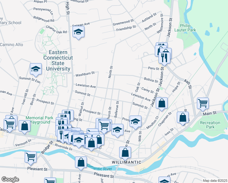 map of restaurants, bars, coffee shops, grocery stores, and more near 249 Church Street in Windham
