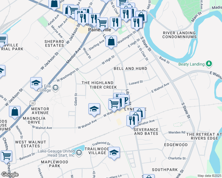 map of restaurants, bars, coffee shops, grocery stores, and more near 306 Marion Avenue in Painesville