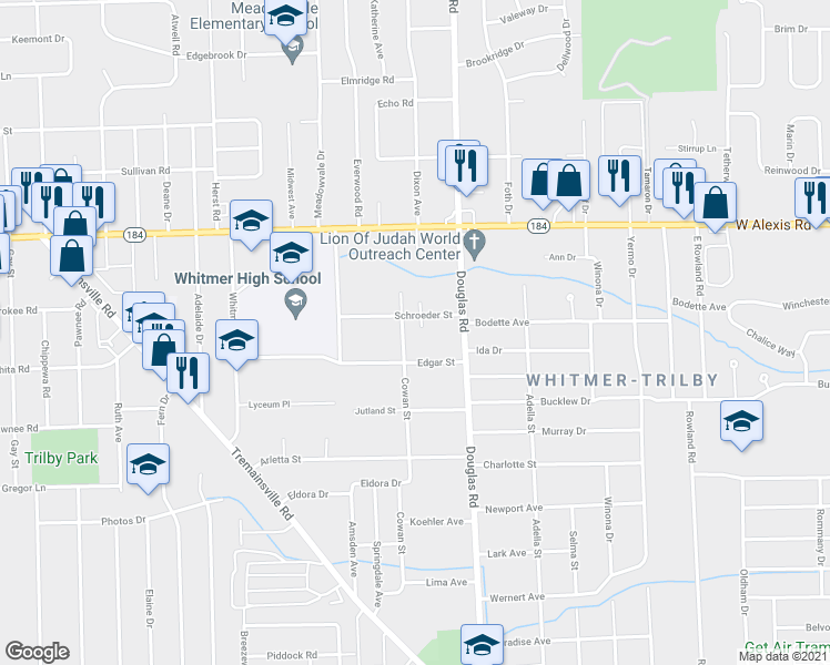 map of restaurants, bars, coffee shops, grocery stores, and more near 2543 Schroeder Court in Toledo
