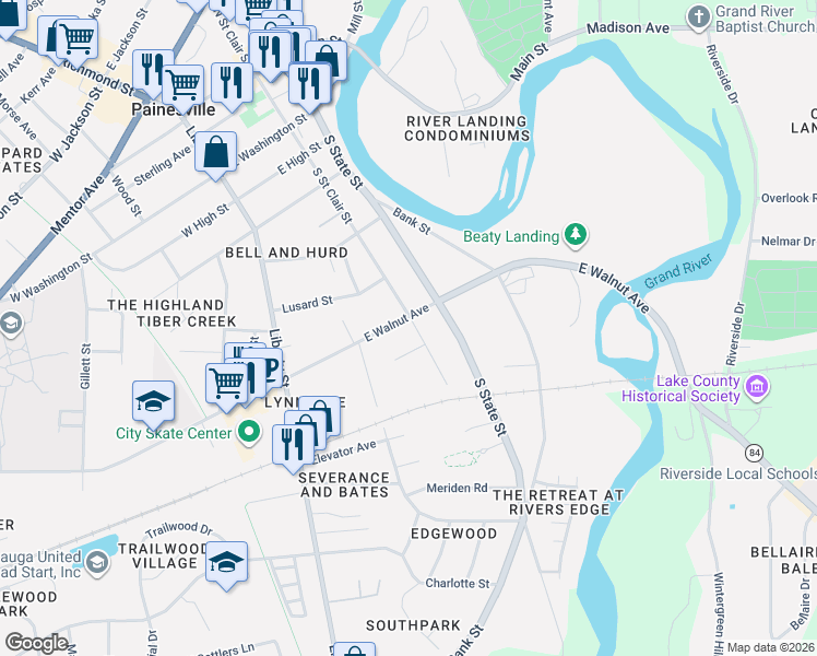 map of restaurants, bars, coffee shops, grocery stores, and more near 180 East Walnut Avenue in Painesville