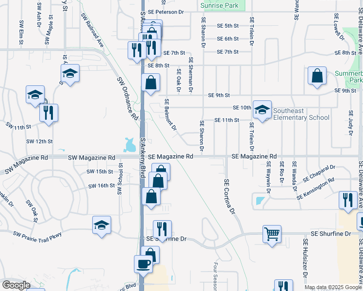 map of restaurants, bars, coffee shops, grocery stores, and more near 1204 Southeast Belmont Drive in Ankeny