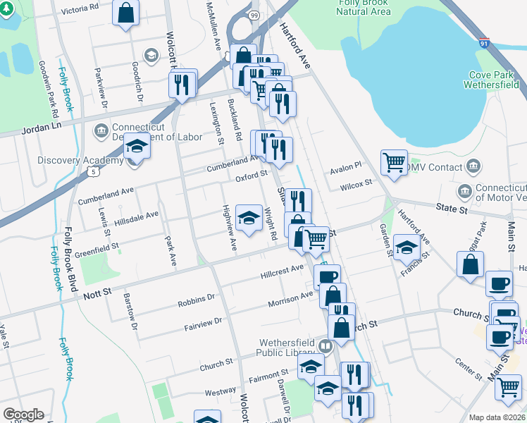 map of restaurants, bars, coffee shops, grocery stores, and more near 41 Wright Road in Wethersfield