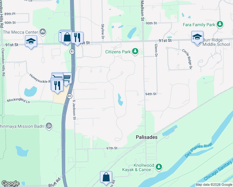 map of restaurants, bars, coffee shops, grocery stores, and more near 9381 Falling Waters Drive East in Burr Ridge