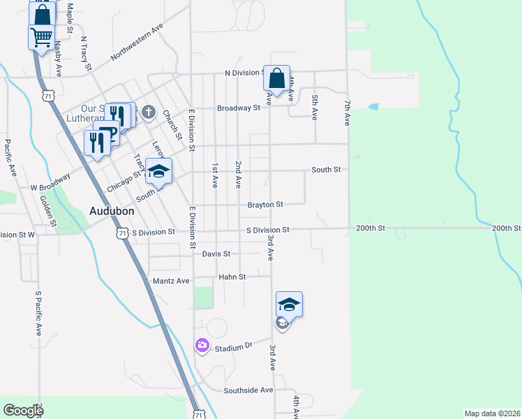 map of restaurants, bars, coffee shops, grocery stores, and more near 713 Brayton Street in Audubon