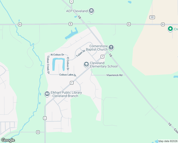 map of restaurants, bars, coffee shops, grocery stores, and more near 53422 County Road 1 in Elkhart