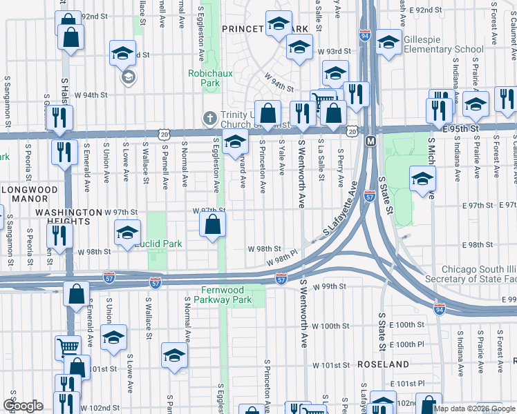 map of restaurants, bars, coffee shops, grocery stores, and more near 9656 South Princeton Avenue in Chicago