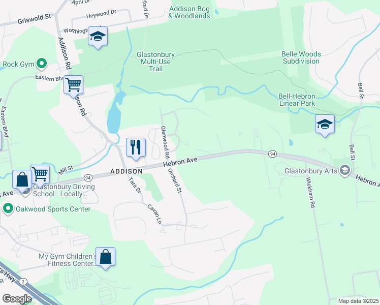map of restaurants, bars, coffee shops, grocery stores, and more near 40 Hemlock Hill Drive in Glastonbury