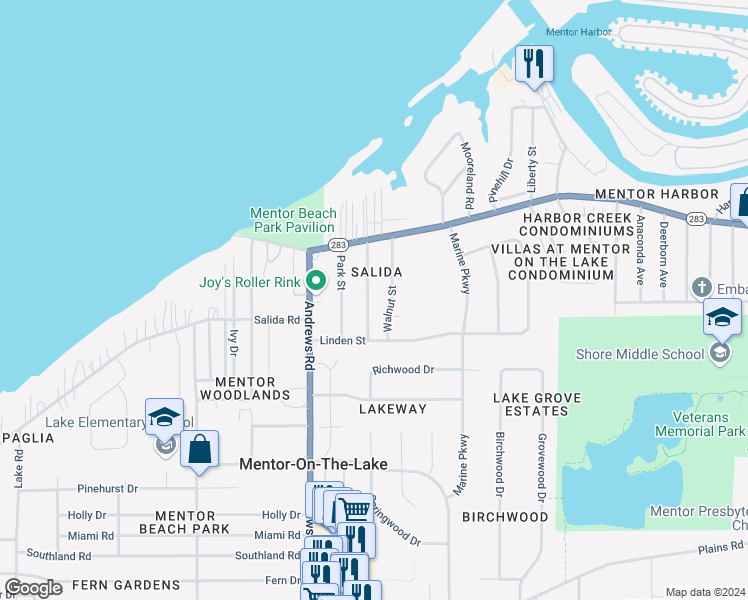 map of restaurants, bars, coffee shops, grocery stores, and more near 5629 Hickory Street in Mentor-on-the-Lake