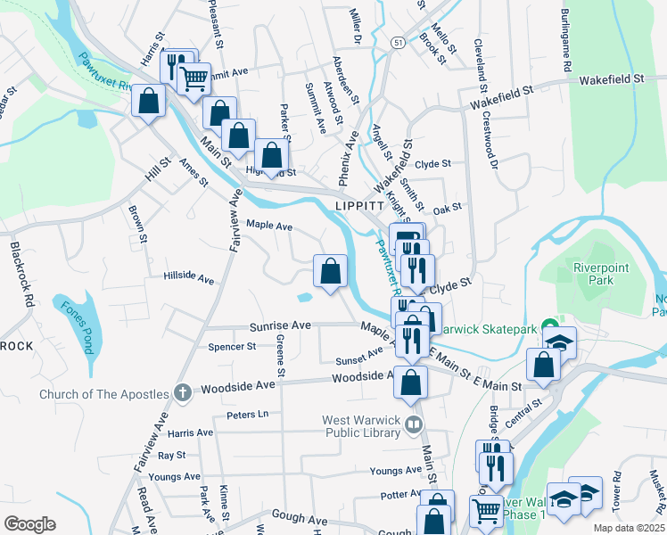 map of restaurants, bars, coffee shops, grocery stores, and more near 57 Maple Avenue in West Warwick