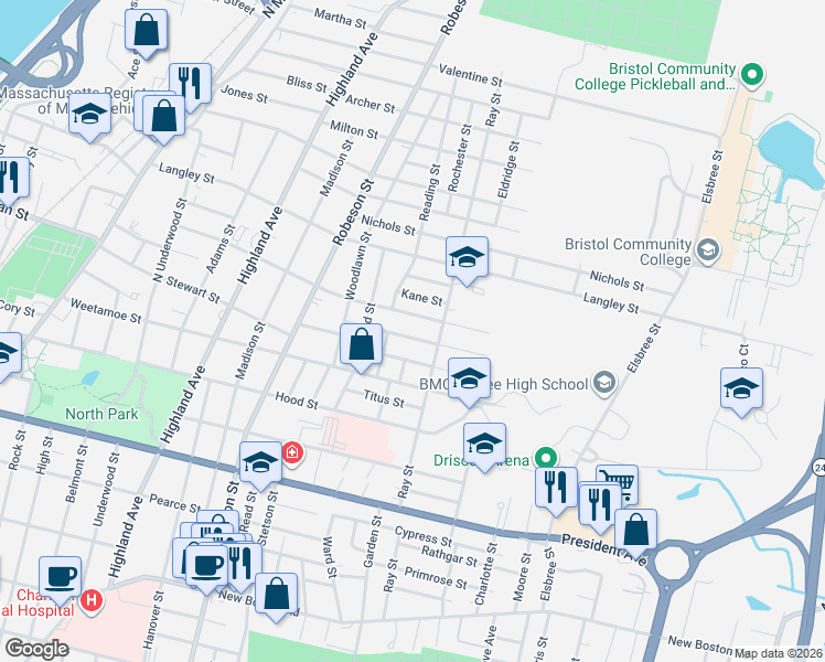 map of restaurants, bars, coffee shops, grocery stores, and more near 117 Hemlock Street in Fall River