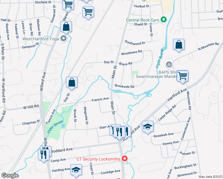map of restaurants, bars, coffee shops, grocery stores, and more near 125 Main Street in Newington