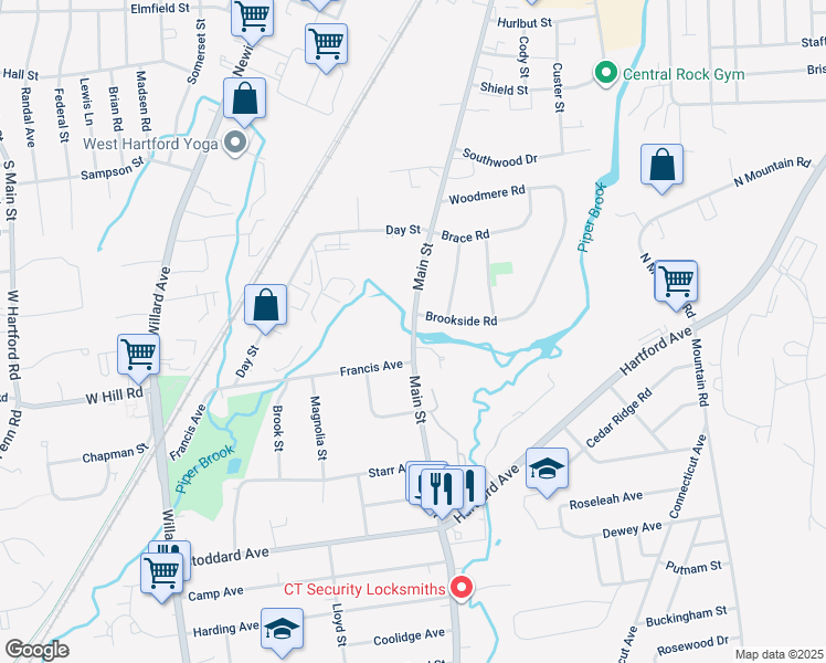 map of restaurants, bars, coffee shops, grocery stores, and more near 125 Main Street in Newington