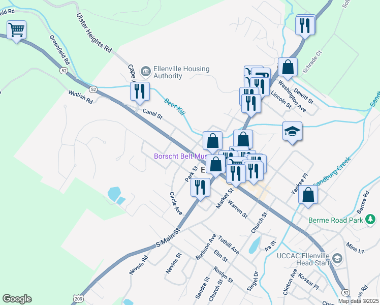 map of restaurants, bars, coffee shops, grocery stores, and more near Rabbi Herman Manya Eisner Square in Ellenville