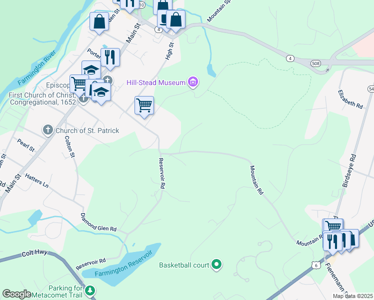 map of restaurants, bars, coffee shops, grocery stores, and more near 165 Mountain Road in Farmington