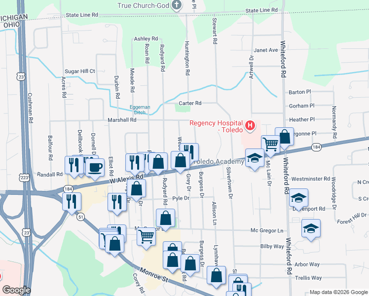 map of restaurants, bars, coffee shops, grocery stores, and more near 5644 Webster Drive in Sylvania