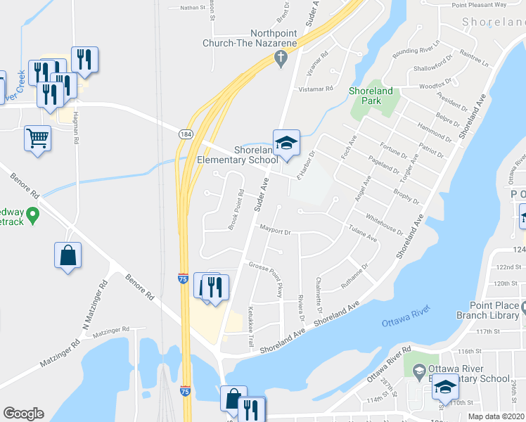 map of restaurants, bars, coffee shops, grocery stores, and more near 5510 Suder Avenue in Toledo