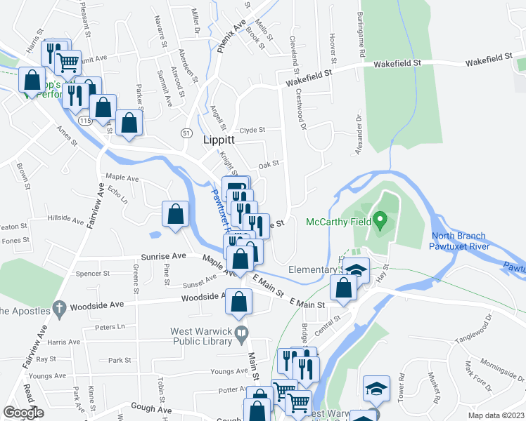 map of restaurants, bars, coffee shops, grocery stores, and more near 14 Coogan Court in West Warwick