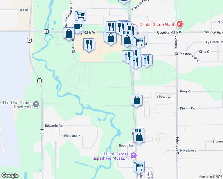 map of restaurants, bars, coffee shops, grocery stores, and more near 211 Karen Drive in Elkhart