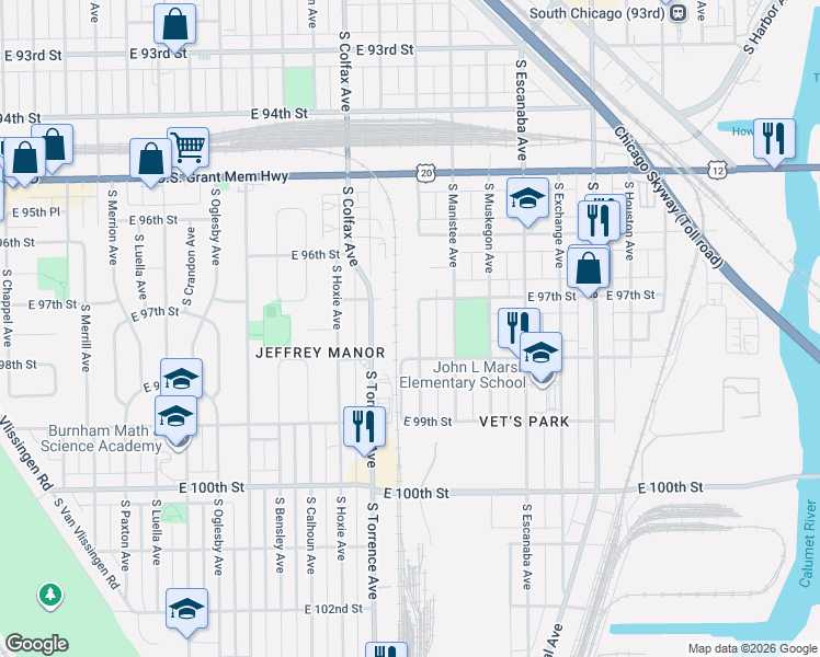 map of restaurants, bars, coffee shops, grocery stores, and more near 9728 South Marquette Avenue in Chicago