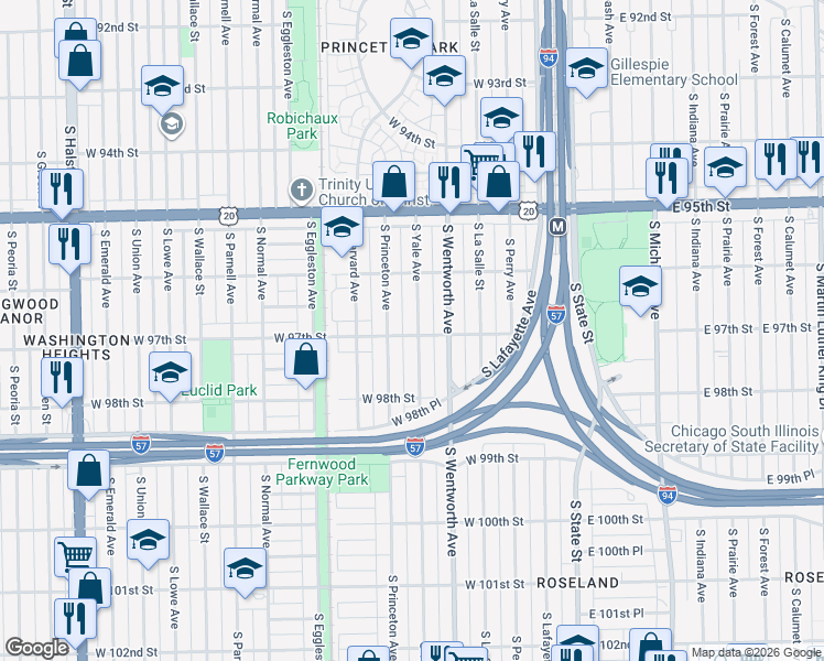 map of restaurants, bars, coffee shops, grocery stores, and more near 9656 South Yale Avenue in Chicago
