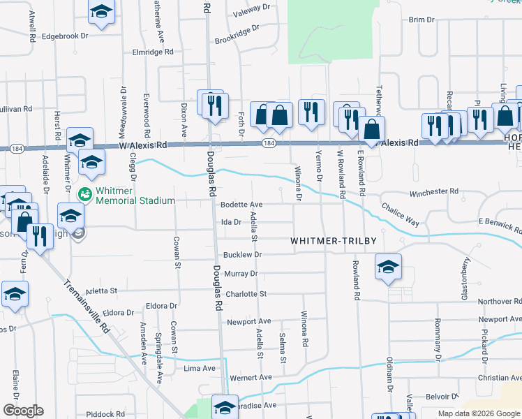 map of restaurants, bars, coffee shops, grocery stores, and more near 2359 Bodette Avenue in Toledo