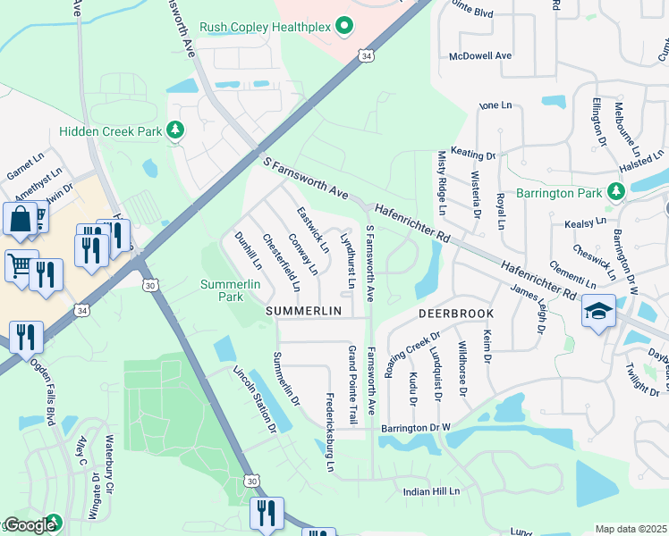 map of restaurants, bars, coffee shops, grocery stores, and more near 2037 Lyndhurst Lane in Aurora