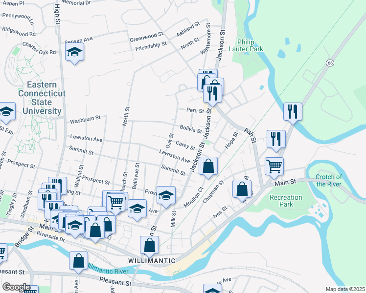 map of restaurants, bars, coffee shops, grocery stores, and more near 20 Carey Street in Windham