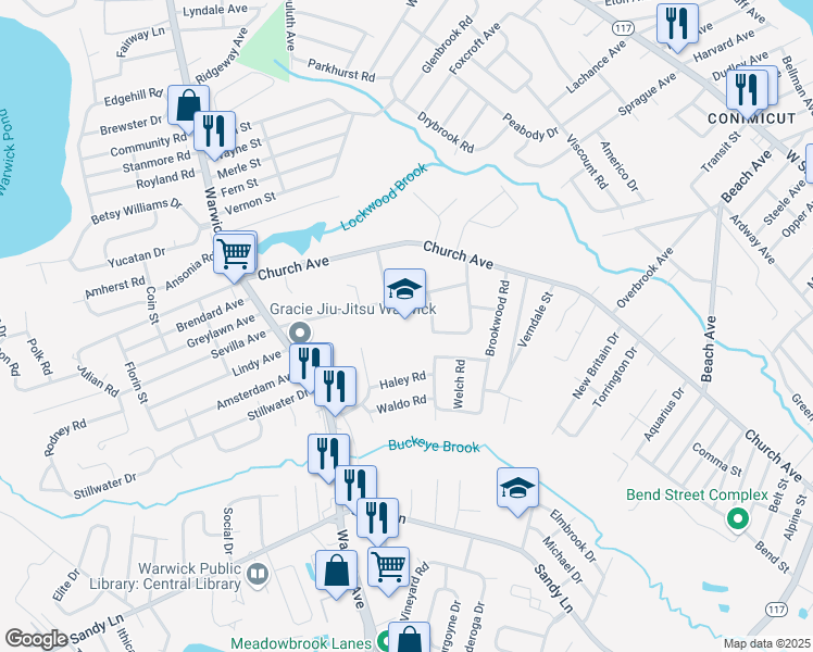 map of restaurants, bars, coffee shops, grocery stores, and more near 120 Killey Avenue in Warwick