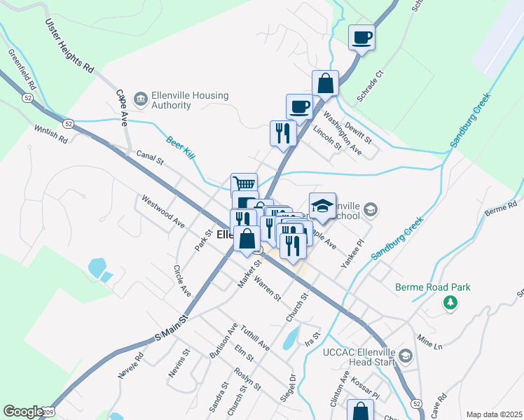 map of restaurants, bars, coffee shops, grocery stores, and more near 80 N Main St in Ellenville