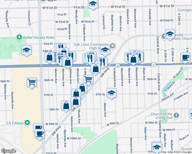 map of restaurants, bars, coffee shops, grocery stores, and more near 9554 Southwest Highway in Oak Lawn