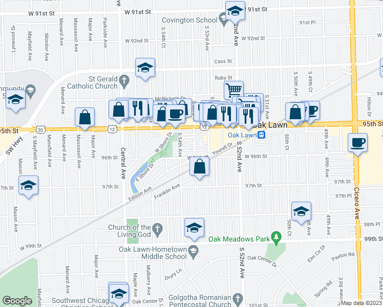 map of restaurants, bars, coffee shops, grocery stores, and more near 5338 West 96th Street in Oak Lawn