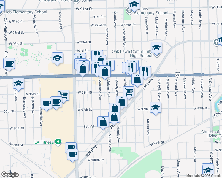 map of restaurants, bars, coffee shops, grocery stores, and more near 9554 Moody Avenue in Oak Lawn
