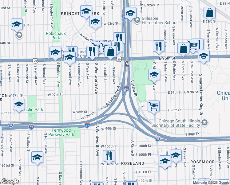 map of restaurants, bars, coffee shops, grocery stores, and more near 9653 South Perry Avenue in Chicago