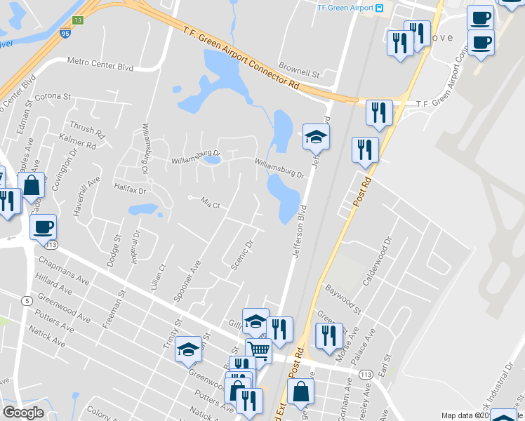 map of restaurants, bars, coffee shops, grocery stores, and more near 25 Red Oak Circle in Warwick