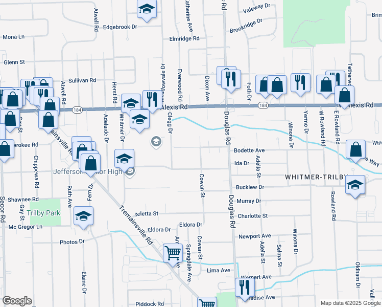 map of restaurants, bars, coffee shops, grocery stores, and more near 2627 Schroeder Street in Toledo