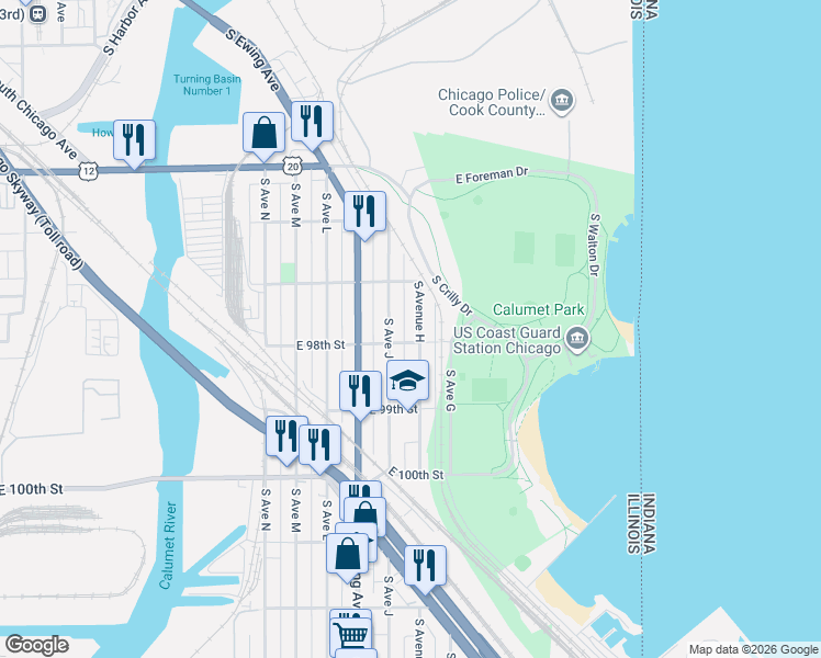 map of restaurants, bars, coffee shops, grocery stores, and more near 9755 South Avenue H in Chicago