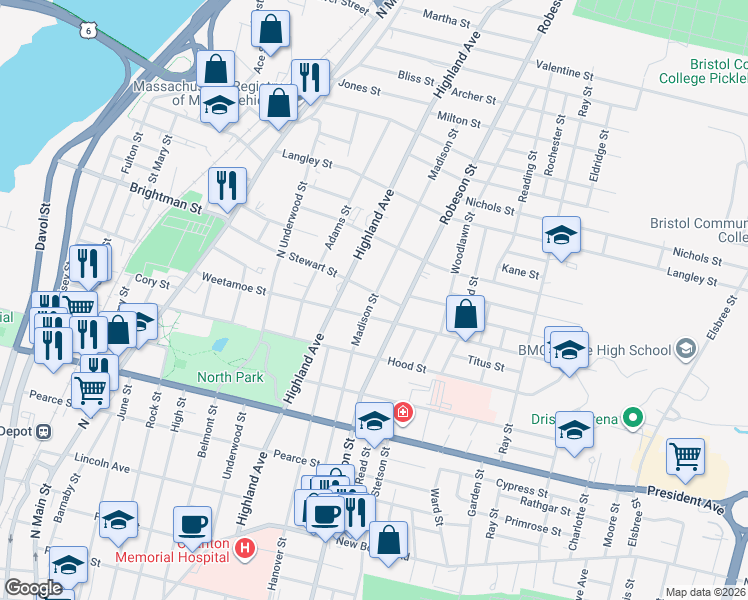 map of restaurants, bars, coffee shops, grocery stores, and more near in Fall River