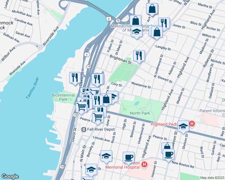 map of restaurants, bars, coffee shops, grocery stores, and more near 35 Hood Street in Fall River