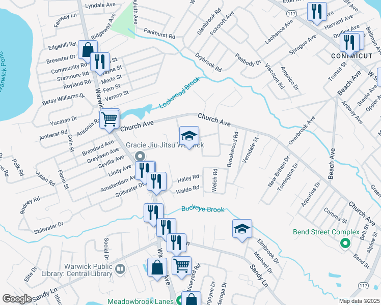 map of restaurants, bars, coffee shops, grocery stores, and more near 120 Killey Avenue in Warwick