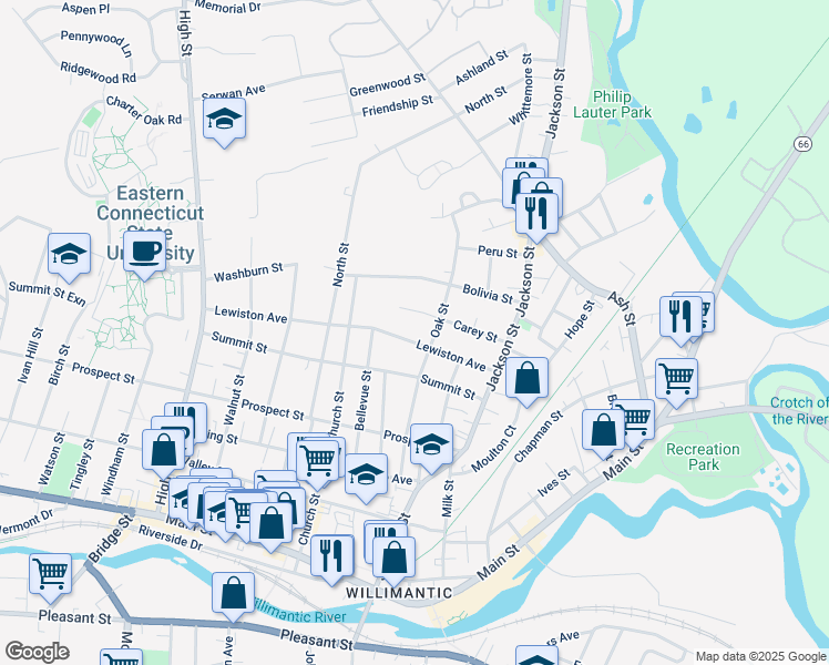 map of restaurants, bars, coffee shops, grocery stores, and more near 77 Lewiston Avenue in Windham