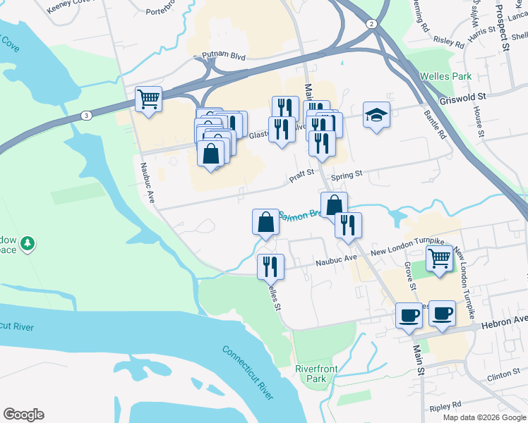 map of restaurants, bars, coffee shops, grocery stores, and more near 83 Pratt Street in Glastonbury