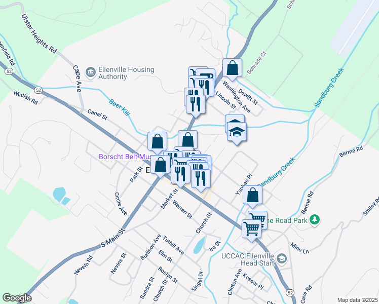 map of restaurants, bars, coffee shops, grocery stores, and more near 80 North Main Street in Ellenville