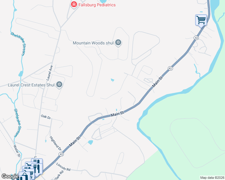 map of restaurants, bars, coffee shops, grocery stores, and more near 84 Gamble Road in South Fallsburg