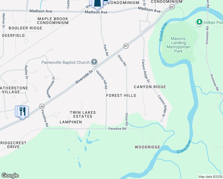 map of restaurants, bars, coffee shops, grocery stores, and more near 91 Hickory Hill Road in Painesville